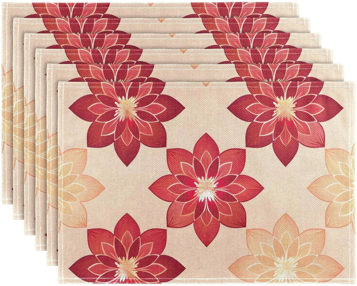 Table Placemats Set of 4 Geometric Flowers Peach Pattern Cotton Linen Cloth Washable Table Mats Heat Resistant Reusable Place Mat for Kitchen Dining 12x18 Inch