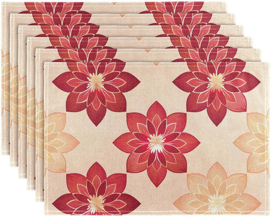 Table Placemats Set of 4 Geometric Flowers Peach Pattern Cotton Linen Cloth Washable Table Mats Heat Resistant Reusable Place Mat for Kitchen Dining 12x18 Inch