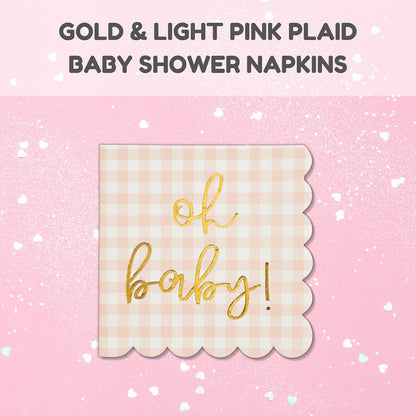 Cloverjoyed 'Oh Baby' Pink Baby Shower Decorations for Girls, Pink Plaid Oh Baby Napkins, Gingham Scalloped It's a Girl Decor, 1st Birthday, Welcome Home, Sprinkles, Pregnancy Announcement, 50 Pack