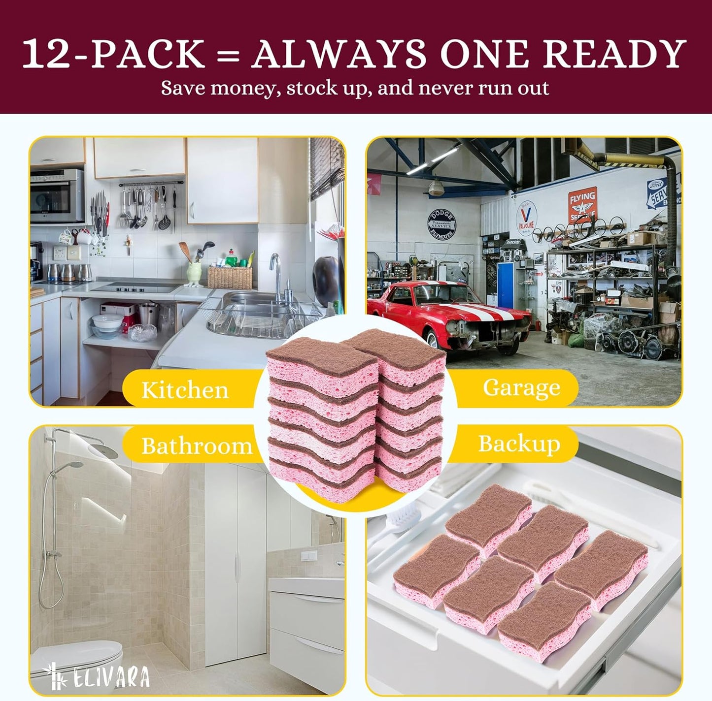Kitchen Sponges – 12 Pack – Non-Scratch Dual-Sided Cellulose Scrub Sponges for Dishes, Pots, and Pans – Durable, Absorbent, and Reusable (Brown/Pink)