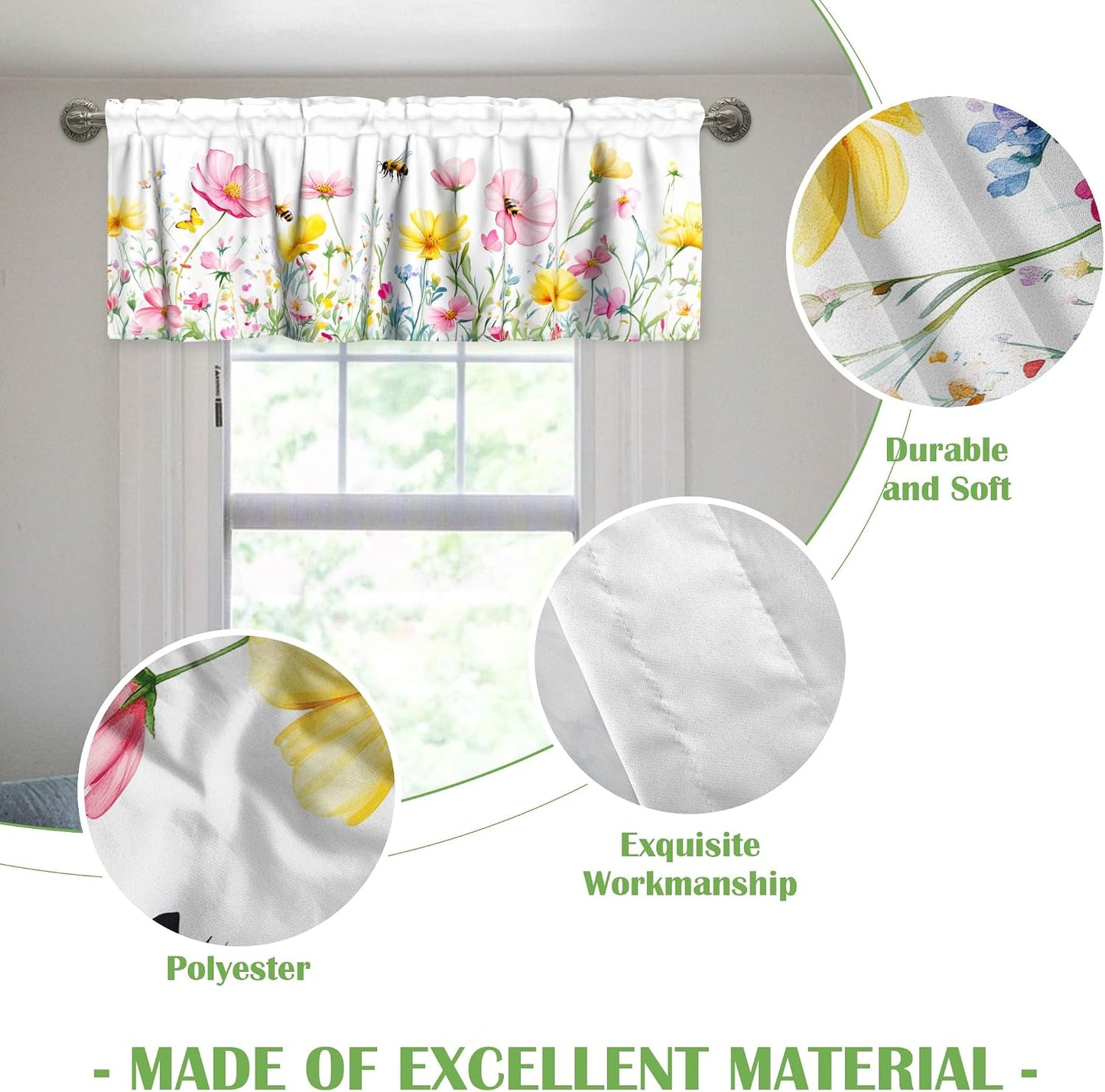 Spring Floral Window Valance for Kitchen 54"x18" Pink Yellow Wildflowers Flowers Bees Short Curtains Farmhouse Decorative Rod Pocket Window Valance for Living Room, Bedroom, Bathroom