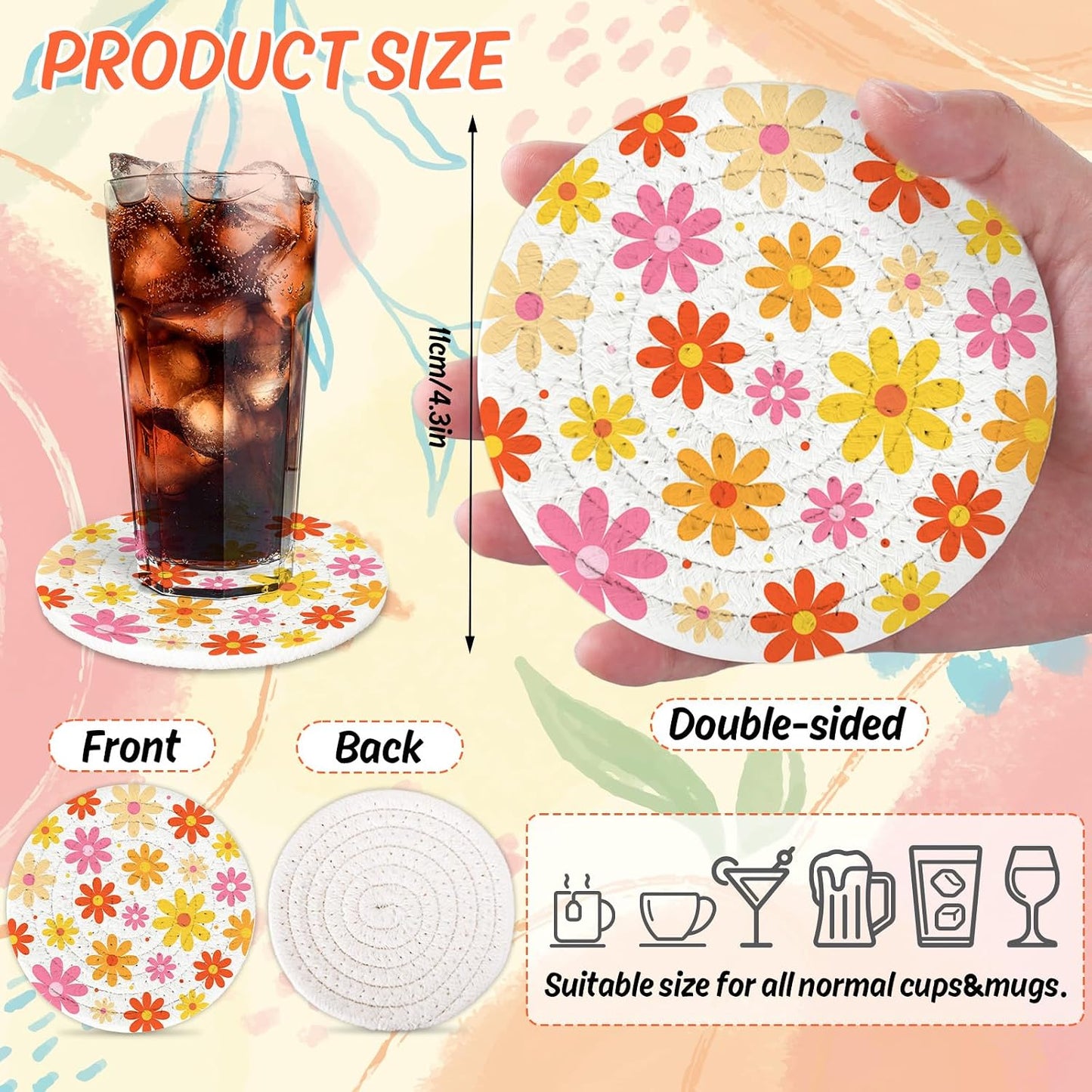 FYSUIMU Boho Floral Cotton Coasters Daisy Flower Handmade Braided Drink Coasters Pink Orange Absorbent Cup Mats for Spring Party Home Office Table Decor Housewarming Gifts, Set of 4