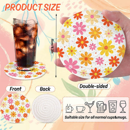 FYSUIMU Boho Floral Cotton Coasters Daisy Flower Handmade Braided Drink Coasters Pink Orange Absorbent Cup Mats for Spring Party Home Office Table Decor Housewarming Gifts, Set of 4