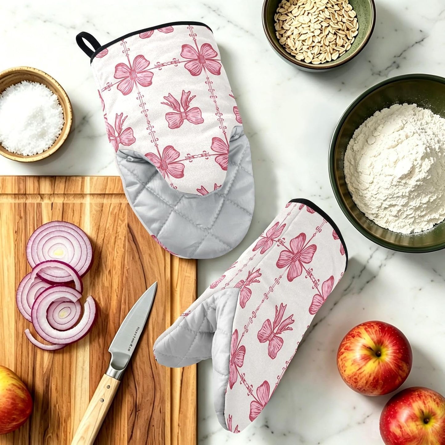 Oven Mitt 2 Pack Set Pink Bow Pattern Seamless Kitchen Mitts Gloves for for Cooking Baking Grilling