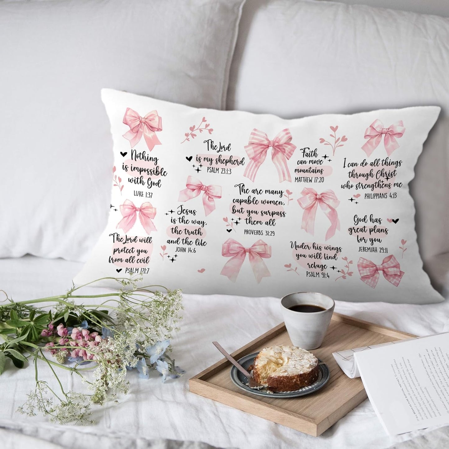 Pink Coquette Bow Christian Pillow Covers, Bible Gifts for Women, Coquette Preppy Room Decor, Christian Pillow, Bible Verse Decor, Bible Pillow Cover 12x20 Inch