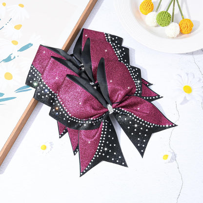6PCS Glitter Cheer Bow Large Cheer Bows Rhinestones Hair Bows Girls 8"Cheerleading Bows Bulk Elastic Band Ponytail Holder for Teen Girls College Sports Competition Pink Black
