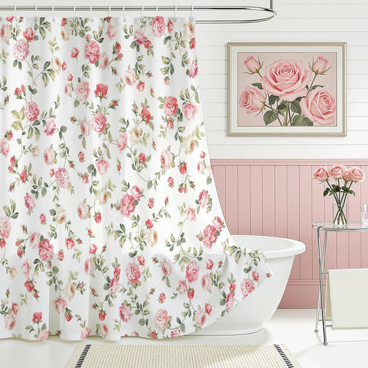 Mocsicka Pink Floral Shower Curtain Vintage Farmhouse Boho Shower Curtain for Boho Floral Bathroom Decor Waterproof Washable Polyester Pink Flowers Green Leaves Bath Curtain 72 X 72 Inch