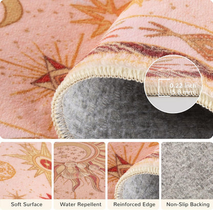 5x7 Area Rugs, Washable Vacuum-Friendly Non-Slip Rug Vintage Boho Gothic Sun and Moon Printed Pattern Low Pile Carpet for Living Room Bedroom Dining Room Hallway Entryway,Pink Gold Beige Red