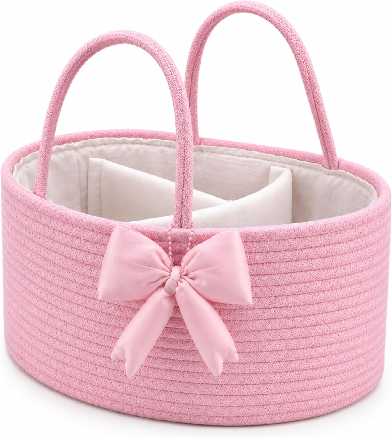 Hushee Pink Bow Baby Diaper Caddy Organizer Baby Gift Bag with Handle Nursery Diaper Basket Organizer for Newborn Boy and Girl Storage Bin for Diapers Wipes New Mom Gift