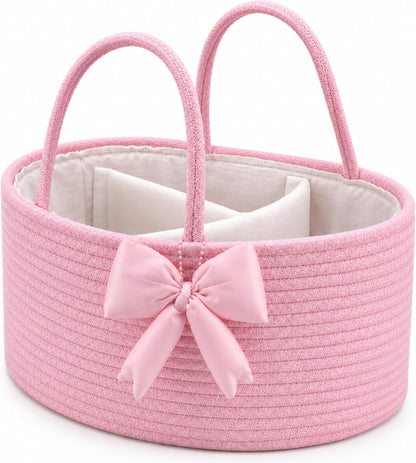 Hushee Pink Bow Baby Diaper Caddy Organizer Baby Gift Bag with Handle Nursery Diaper Basket Organizer for Newborn Boy and Girl Storage Bin for Diapers Wipes New Mom Gift