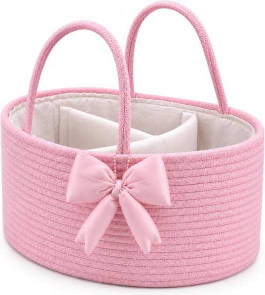 Hushee Pink Bow Baby Diaper Caddy Organizer Baby Gift Bag with Handle Nursery Diaper Basket Organizer for Newborn Boy and Girl Storage Bin for Diapers Wipes New Mom Gift