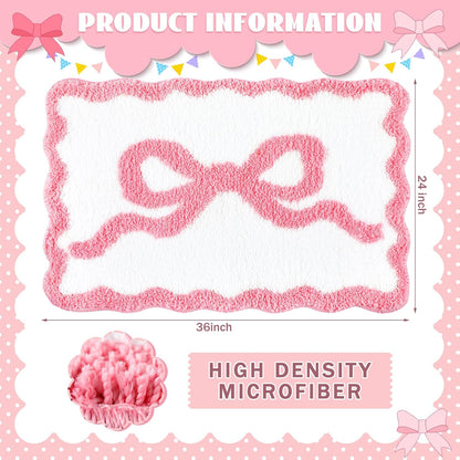 Tinideya Pink Bow Bathroom Rug 36" x 24" Scalloped Bow Bath Mat Non Slip Cute Coquette Aesthetic Carpet Preppy Room Decor Microfiber Absorbent Mat for Bathtub Shower Bedroom Gift