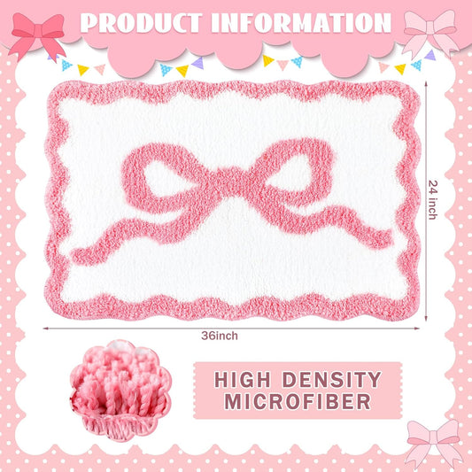 Tinideya Pink Bow Bathroom Rug 36" x 24" Scalloped Bow Bath Mat Non Slip Cute Coquette Aesthetic Carpet Preppy Room Decor Microfiber Absorbent Mat for Bathtub Shower Bedroom Gift