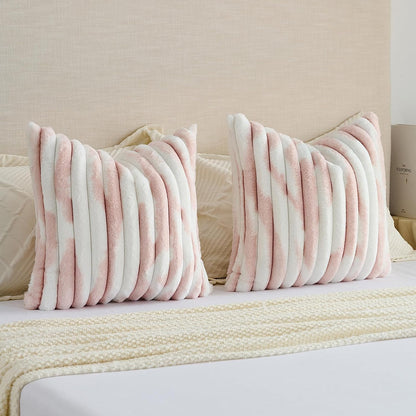 FUTEI Pack of 2 Faux Fur Plush Throw Pillow Covers 16x16 Inch Soft Tie Dye Striped Textured Farmhouse Decorative Cushion Covers Modern Home Decor for Couch Bed Living Room, Pink White