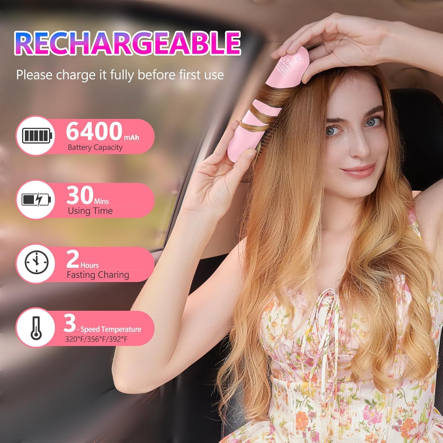 STUDLLY LCD Screen Cordless Hair Straightener and Curler 2 in 1, Rechargeable Portable Mini Travel Negative Ionic Hair Straightening Brush for Women, Fast Heating Hot Comb for Women, Pink