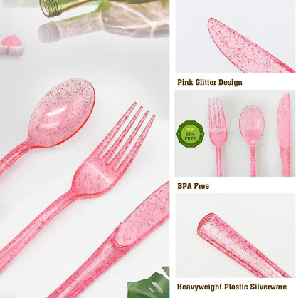 50 Pcs Pink Plastic Spoons Pink Spoons Disposable Utensils Heavy Duty Plastic Cutlery Set Disposable Cutlery Sets for Brithday, Valentine's Day,Wedding, Baby Shower, Bridal Shower