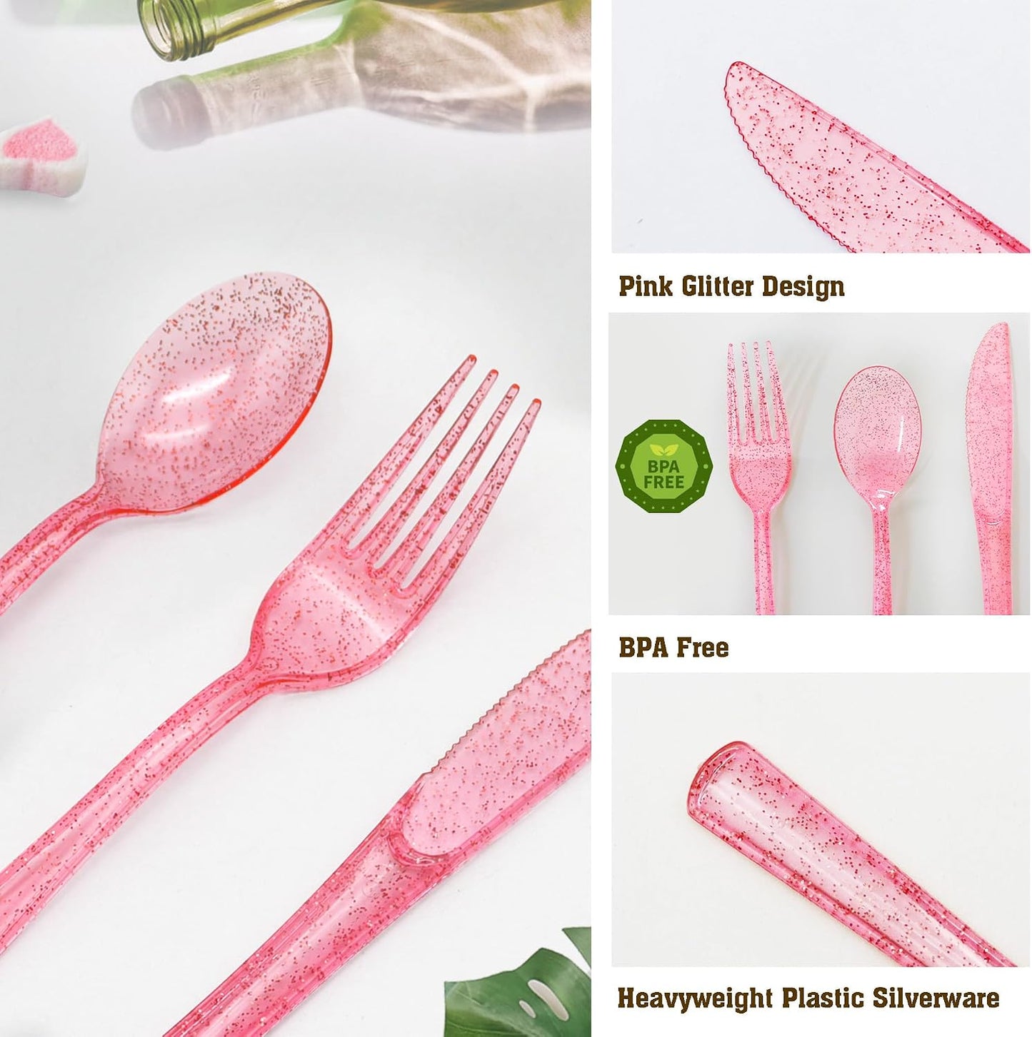 150 Pcs Pink Silverware Set Heavy Duty Pink Plastic Silverware - 50 Forks, 50 Knives, 50 Spoons for Brithday, Valentine's Day, Wedding, Baby Shower, Bridal Shower