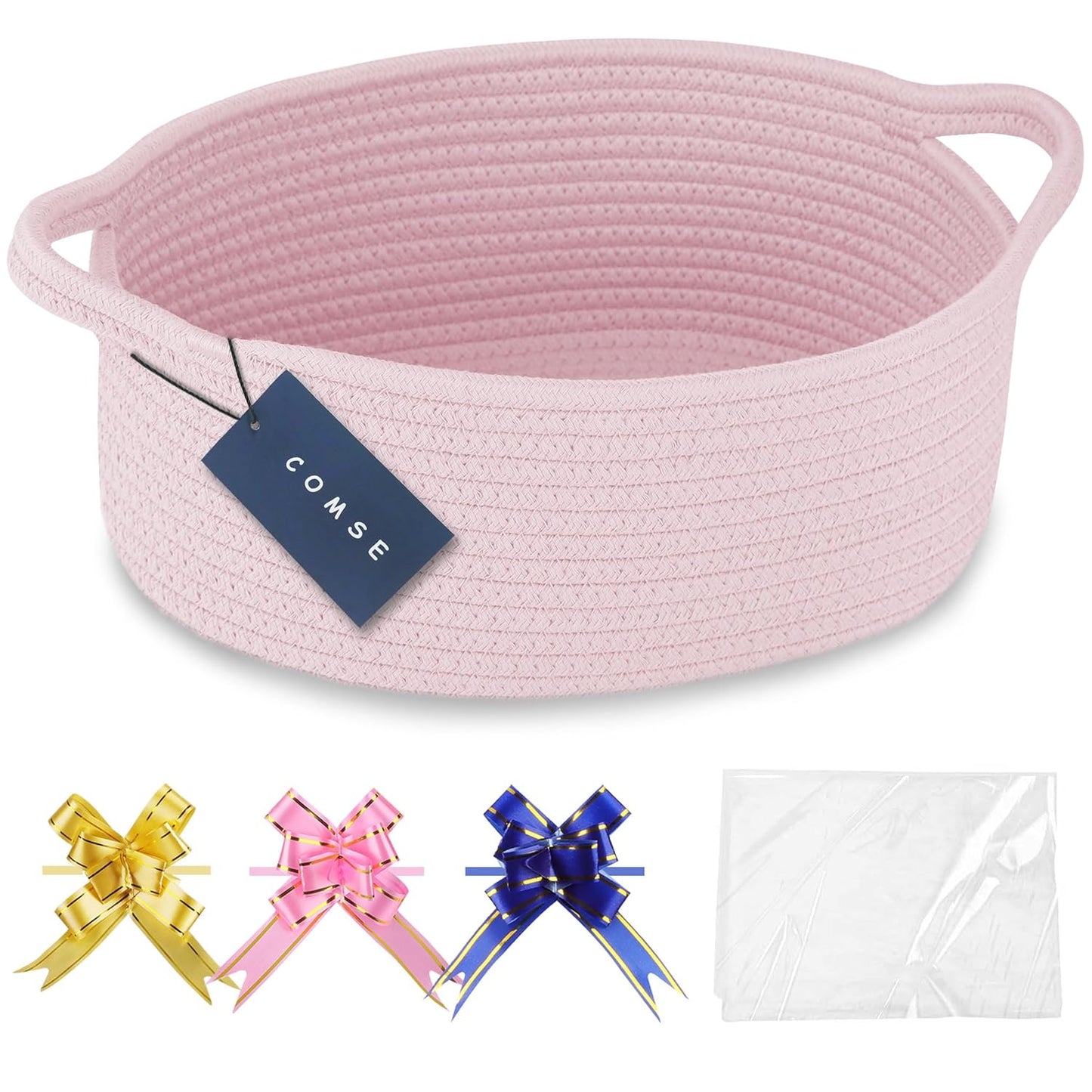 COMSE Small Woven Basket with Gift Bags and Ribbons, Gift Basket Empty, Cotton Rope Storage Organizer, Baby Toy Box with Handles, 12" x 8" x 5", Light pink