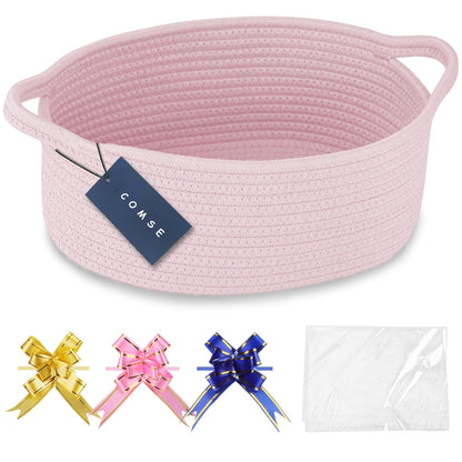 COMSE Small Woven Basket with Gift Bags and Ribbons, Gift Basket Empty, Cotton Rope Storage Organizer, Baby Toy Box with Handles, 12" x 8" x 5", Light pink