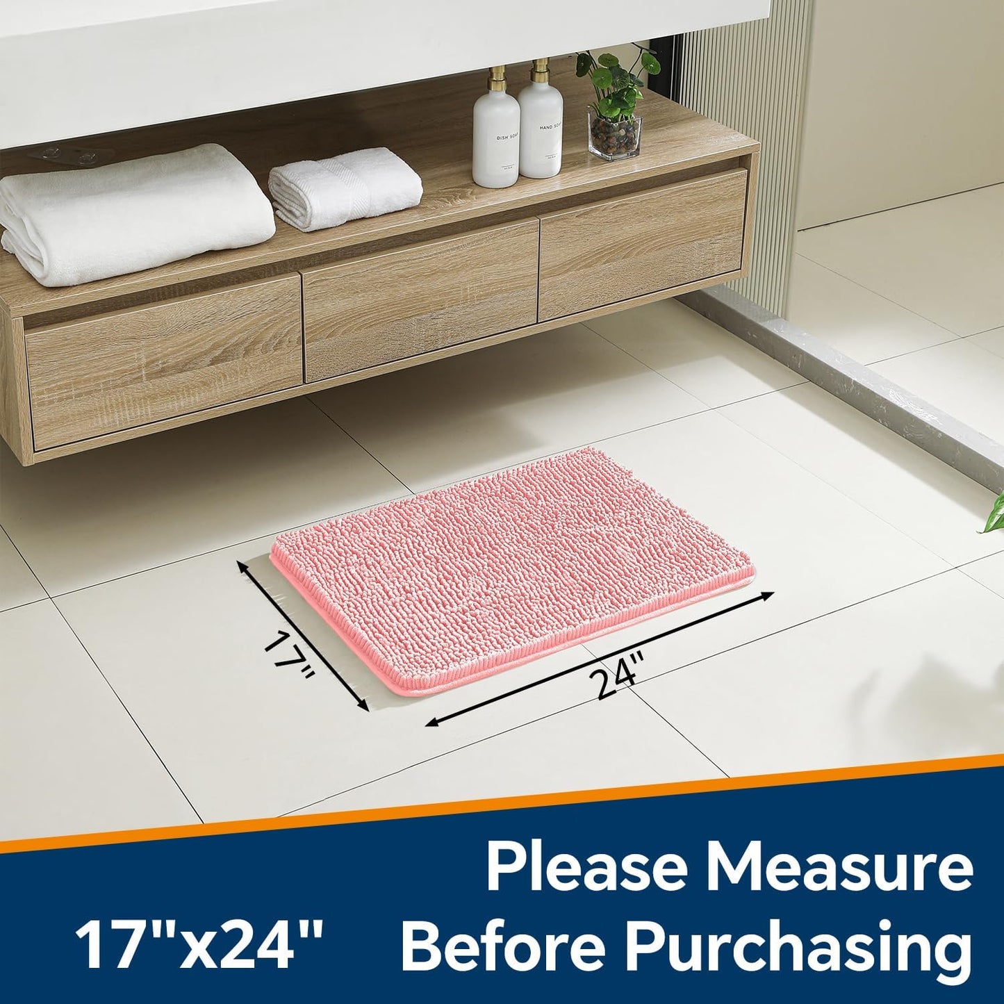 Pink Bathroom Rugs 17"x24" - Plush Chenille Non-Slip Bath Mat - Absorbent, Washable, Soft and Thick Decor for Shower, Sink, Kitchen, Tub, Home Accessories