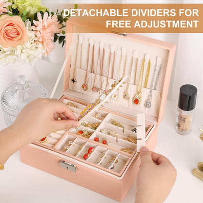 Jewelry Organizer Box, Leather Jewelry Box for Girls Gift Earring Organizer with Lock Double Layers Jewelry Case Removable Tray for Necklace Earring Ring with Polishing Cloth and Jewelry Bags