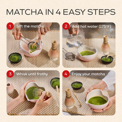 Rehny’s Matcha Whisk Set | Complete Pink Matcha Set w/Heart-Shaped Bowl, Bamboo Whisk, Holder, Stainless Steel Sifter, Bamboo Scoop | Cute Gift Present Macha Kit Handmade Bowl | Macha Powder Tea Kit