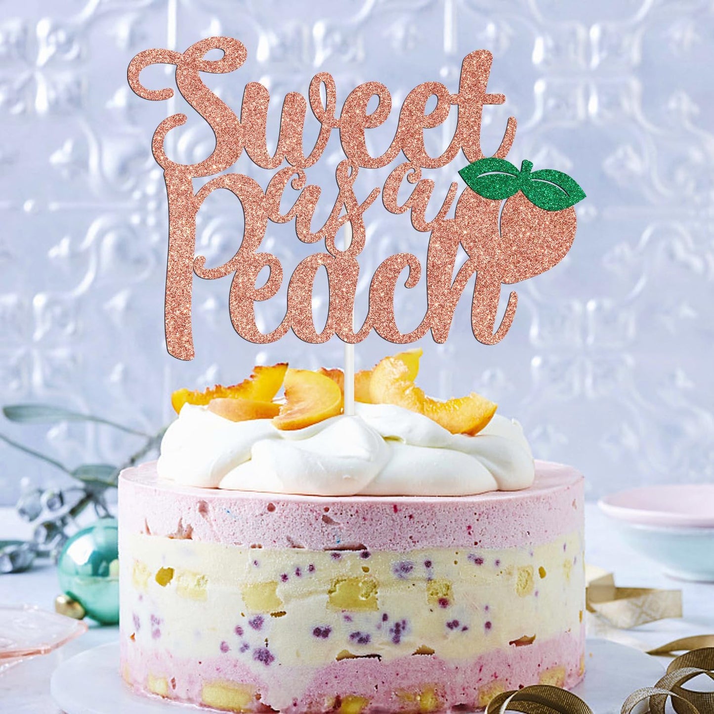 Sweet As A Peach Cake Topper, Fruit Baby Shower Cake Decoration, Peach Themed Baby Girl Birthday Party Decorations, Welcome Sweet Girl Decorations Rose Gold Glitter