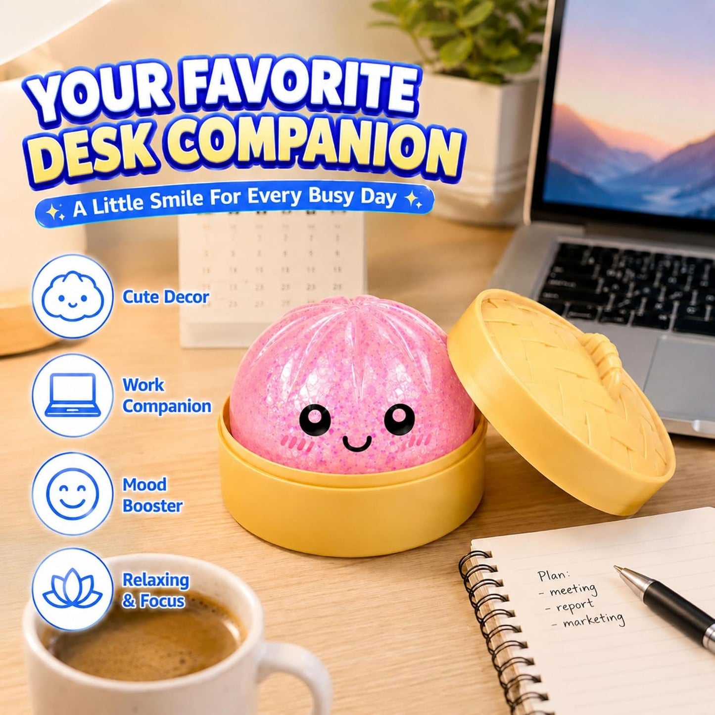 Mystery Sparkly Pink Dumpling Squishies with Steamer Box, Soft Stretchy Bao Bun Stress Relief Balls, Sensory Fidget Squeeze Toys for Anxiety Relief, Decompression Desk Toys