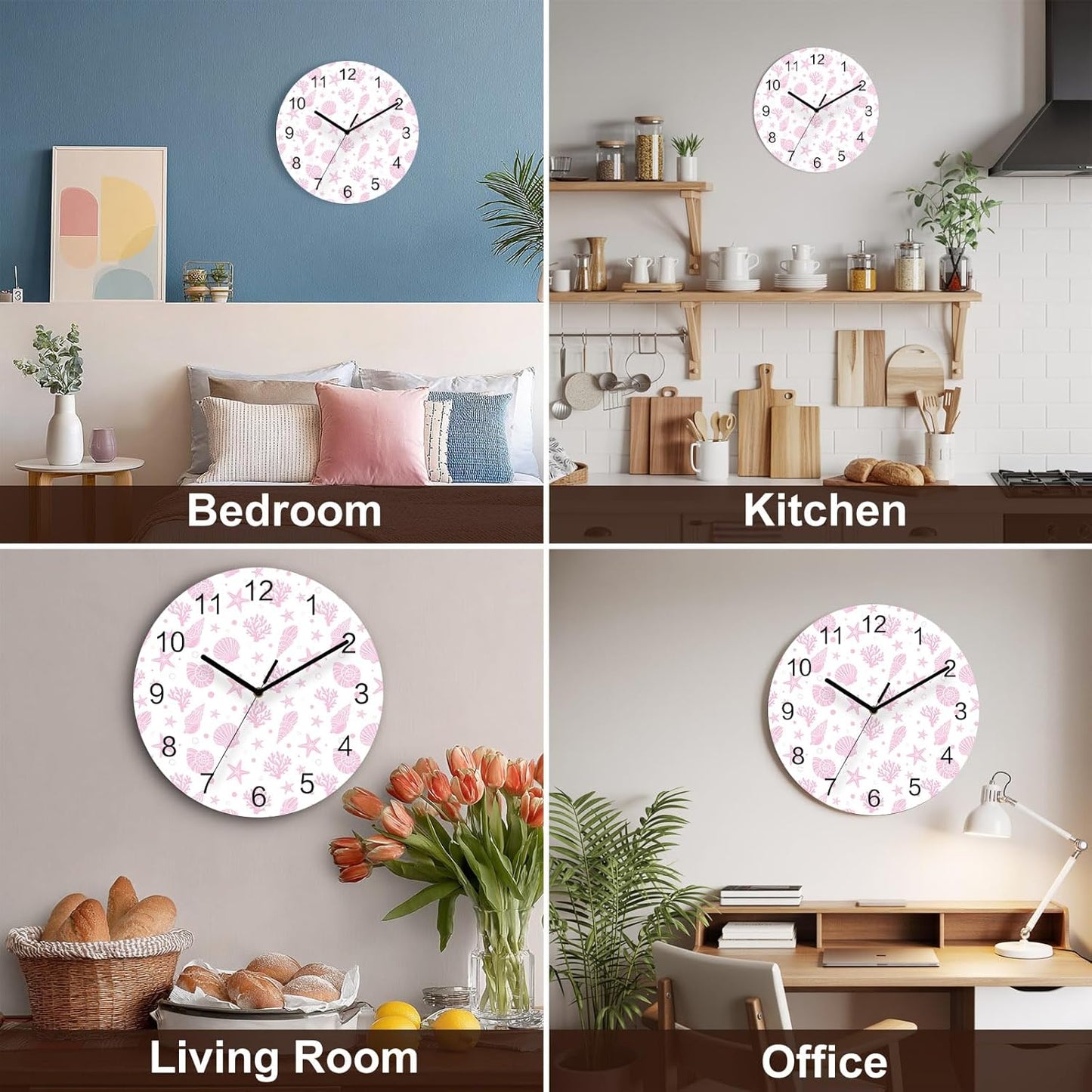 Marine Life Wall Clock Battery Operated Non-Ticking 10" Round Wood Clocks, Pink Ocean Coral Shell Starfish Kitchen Wall Clock for School Bathroom Living Room Home Office Wall Decor