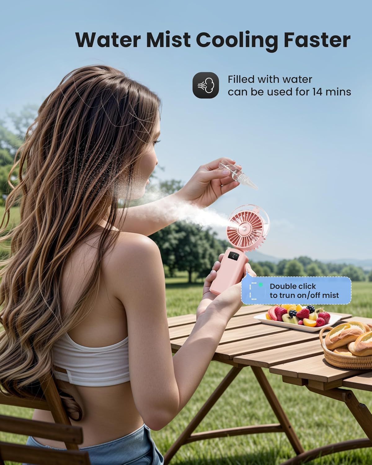 Gaiatop Portable Misting Fan, 180° Foldable Handheld, 3 Speeds USB Rechargeable, Spray Water Mist with LED Digital Display, Personal Cooling Mini Hand Fans for Travel, Hiking, Concert, Outdoor (Pink)