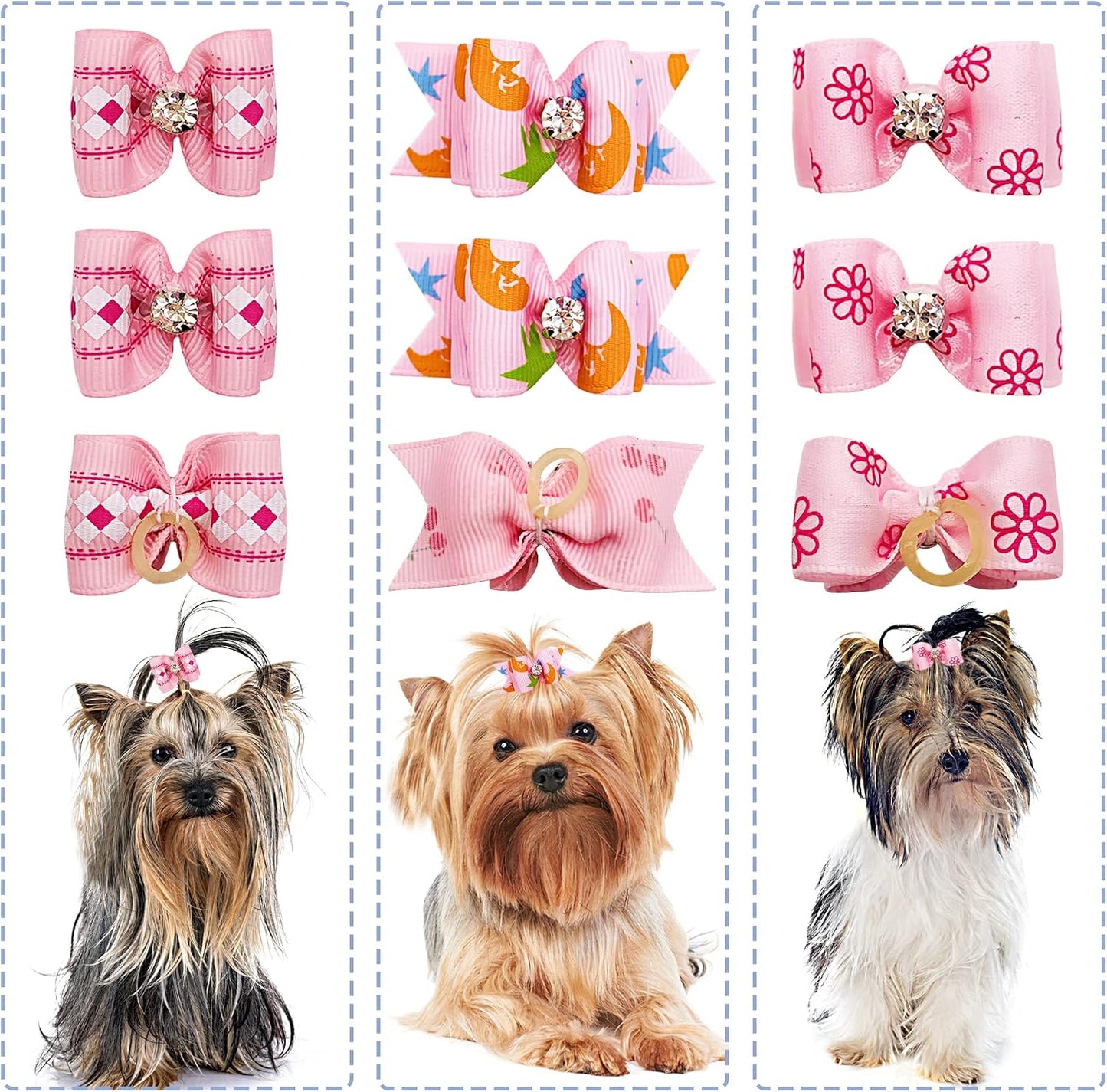 PET SHOW Mixed Styles Pet Cat Puppy Topknot Small Dog Hair Bows with Rubber Bands Grooming Accessories Pink Pack of 20