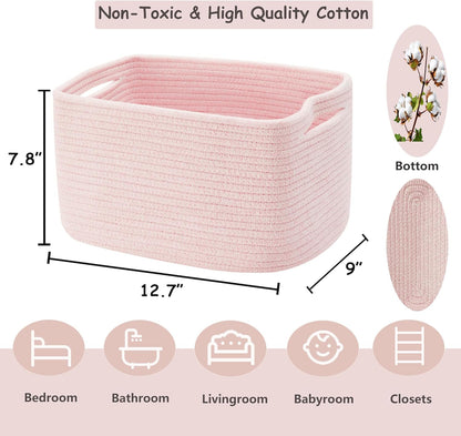 Set of 4 Pink Rope Basket for Shelves Woven Rectangle Storage Basket Bins for Nursery Toy Storage for Baby Girl