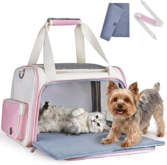 Homespon Soft-Sided Cat Carrier Dog Carrier, 34.5L Airline Approved Pet Carrier, Collapsible Travel Bag with Removable Bed for Small Dogs & Cats (Pink)