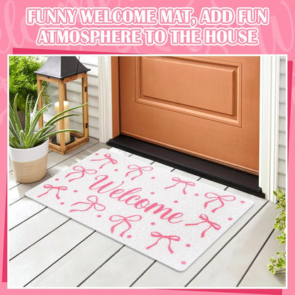 Mindsoft Pink Bow Doormat - 18x30 Non Slip Coquette Welcome Mat, Cute Pink Ribbon Door Mat for Apartment Entryway, Girls Bedroom Rug, Aesthetic Room Decor Gift for Her