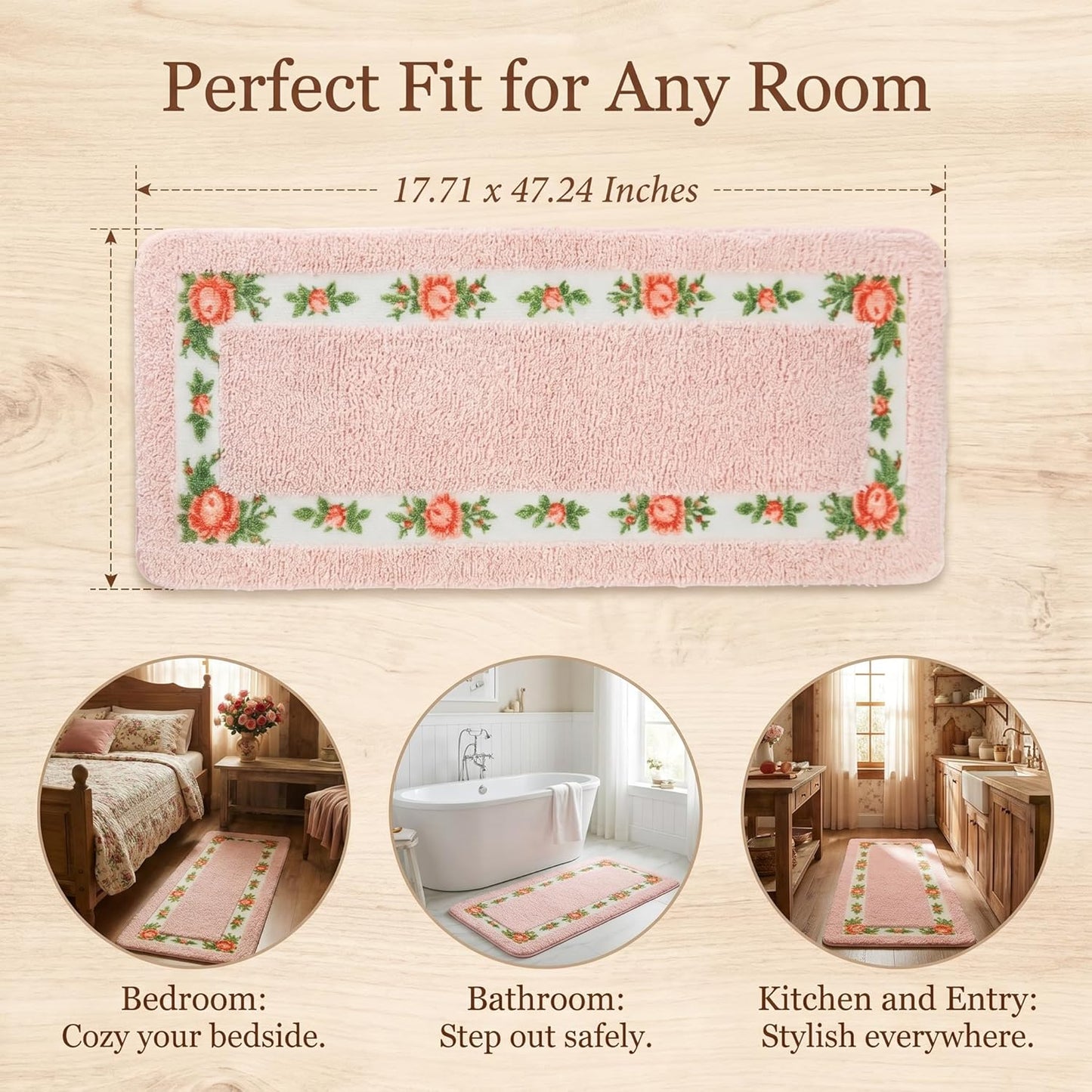 Stay Young Decorative Rose Flower Area Rugs for Bedroom Living Room,Pink Bath Mat Bathroom Rugs,Super Soft Non Slip Absorbent,Floral Style Coquette Room Decor 17.71 x 47.24 Inches