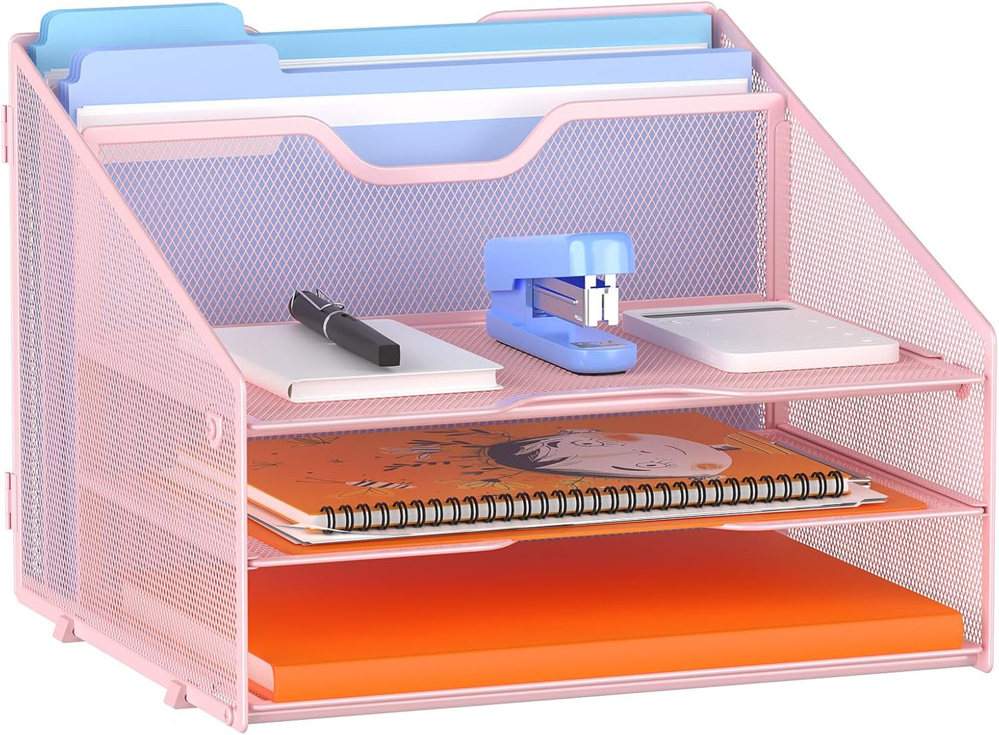 GAWERK Letter Tray Organizer, Mesh Desk File Organizer with 3 Paper Trays and 2 Vertical Upright Section (Pink)