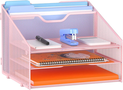 GAWERK Letter Tray Organizer, Mesh Desk File Organizer with 3 Paper Trays and 2 Vertical Upright Section (Pink)
