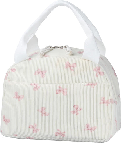 TESAFNG Lunch Bag - Insulated Lunch Box for Women, Reusable Large Capacity Cooler Bag for Adult, Small Leakproof Cute Corduroy Lunch Tote for Work Office Travel Picnic (Pink Bow)