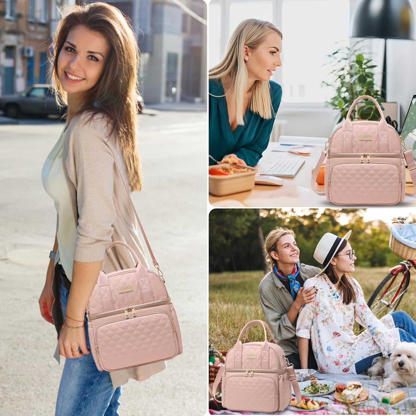 AIJIEKE Large Insulated Lunch Bag for Women, Double Compartment Leakproof Lunch Box for Work Office, Reusable Cooler Tote with Adjustable Strap & Side Pockets for Adults Picnic Beach, Pink