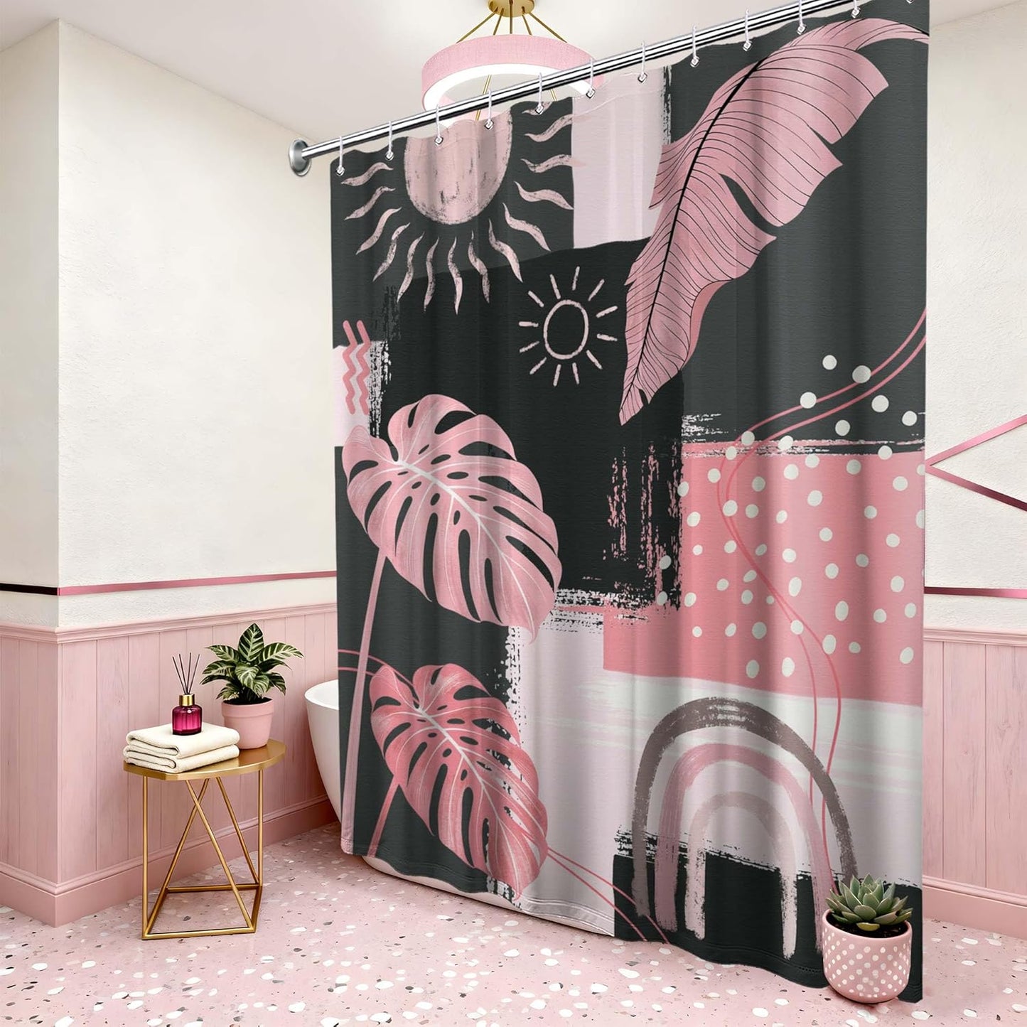Pink and Gray Mid Century Modern Shower Curtain Bohemian Abstract Light Pink and Grey Shower Curtains for Bathroom Decor Sets, Waterproof Cloth Fabric with Hooks, 70x72 Inch