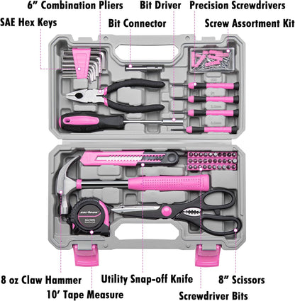 CARTMAN Home Tool Set Kit, Basic Household Hand Tools with Storage Case Light Pink