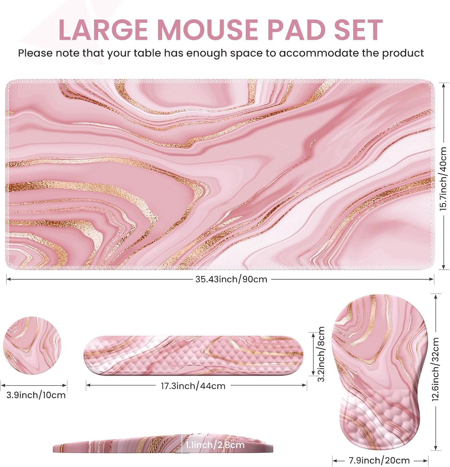 Light Pink Desk Mat Set with Mouse Pad and Memory Foam Wrist Rest, Soft Mat for Mouse and Keyboard, Large Office Desk Mat with Wrist Support, Smooth Surface, Non-Slip Base, 35.4 x 15.7 in
