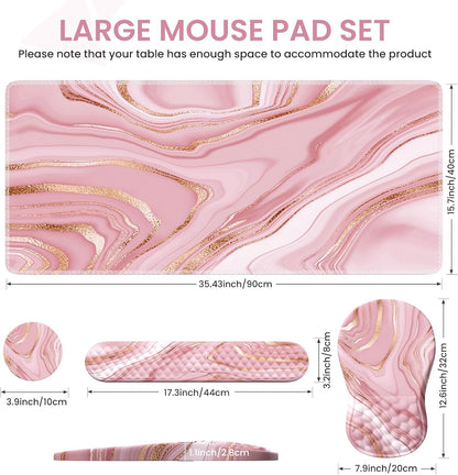 Light Pink Desk Mat Set with Mouse Pad and Memory Foam Wrist Rest, Soft Mat for Mouse and Keyboard, Large Office Desk Mat with Wrist Support, Smooth Surface, Non-Slip Base, 35.4 x 15.7 in