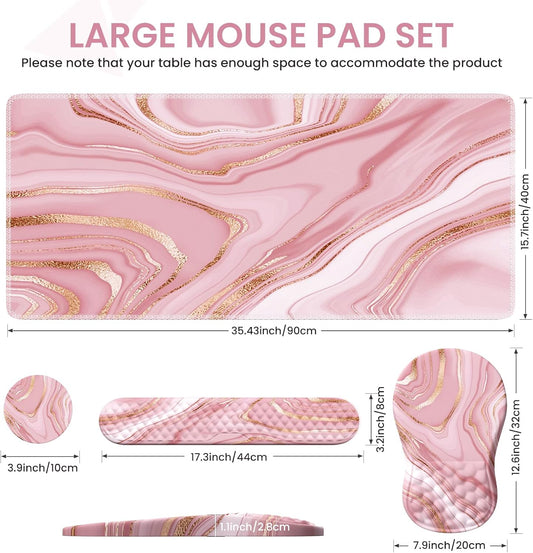 Light Pink Desk Mat Set with Mouse Pad and Memory Foam Wrist Rest, Soft Mat for Mouse and Keyboard, Large Office Desk Mat with Wrist Support, Smooth Surface, Non-Slip Base, 35.4 x 15.7 in