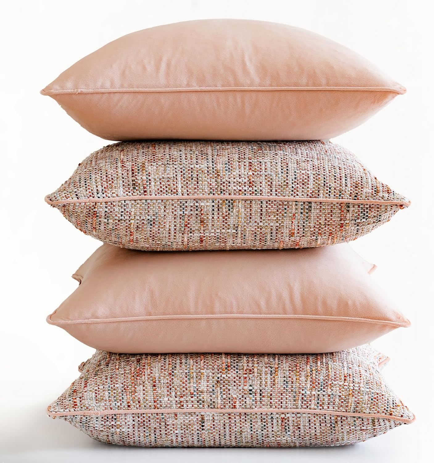 a moment Light Pink 4 Pack Throw Pillow Covers - Chenille & Velvet Set with Piping, Farmhouse Textured Design Pillow Cases for Couch Sofa Bed Livingroom (18x18 Inch, No Insert)