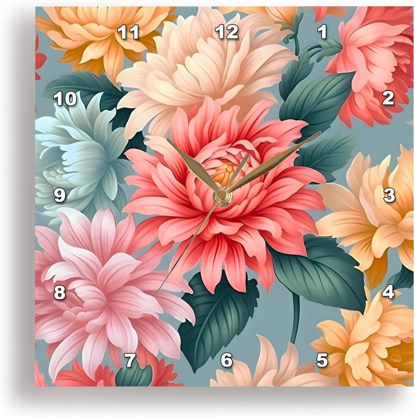3dRose Wall Clock Silent - 15 inch - Pretty Coral, Pink, and Aqua Flower Background - Backgrounds - Anne Marie Baugh