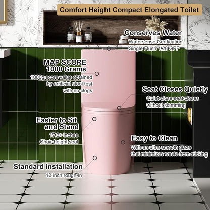 HRVEOCEI Dual Flush One Piece Toilets for Bathrooms, Compact Pink Toilet Elongated with Soft Closing Seat, Modern 12 Inch Rough in Toilet, Map 1000g, Comfort Height, Silent Design (Pink+31H)