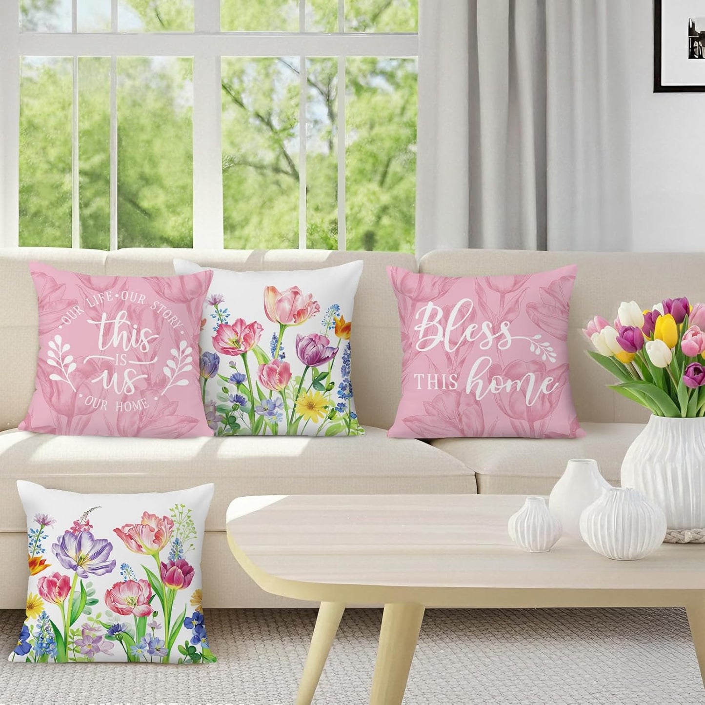 Bonhause Pink Purple Tulips Floral Throw Pillow Covers 18 x 18 Inch Spring Summer Flowers Leaves Decorative Pillows Case Soft Velvet Cushion Covers for Outdoor Couch Sofa Garden Decor Set of 4