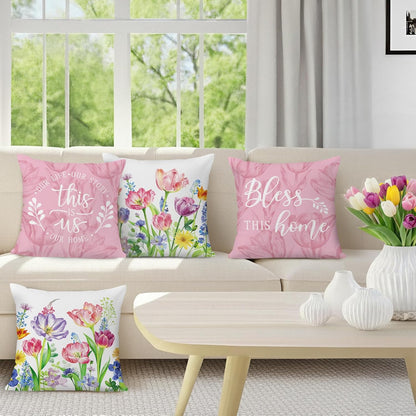 Bonhause Pink Purple Tulips Floral Throw Pillow Covers 18 x 18 Inch Spring Summer Flowers Leaves Decorative Pillows Case Soft Velvet Cushion Covers for Outdoor Couch Sofa Garden Decor Set of 4