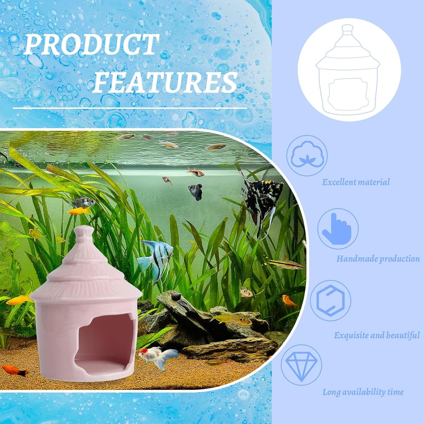 Saim Cute Aquarium Decorations Ceramic Palace Little Grass Hut Shaped Toad House, Betta Fish Tank Accessory Decor Ornament Hideout Pleco Cave for Fish Playing or Hiding (Pink)